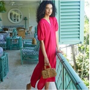 LAKE Gauze Caftan Maxi Dress Heatwave Pink S Lightweight Boho Lagenlook Coastal